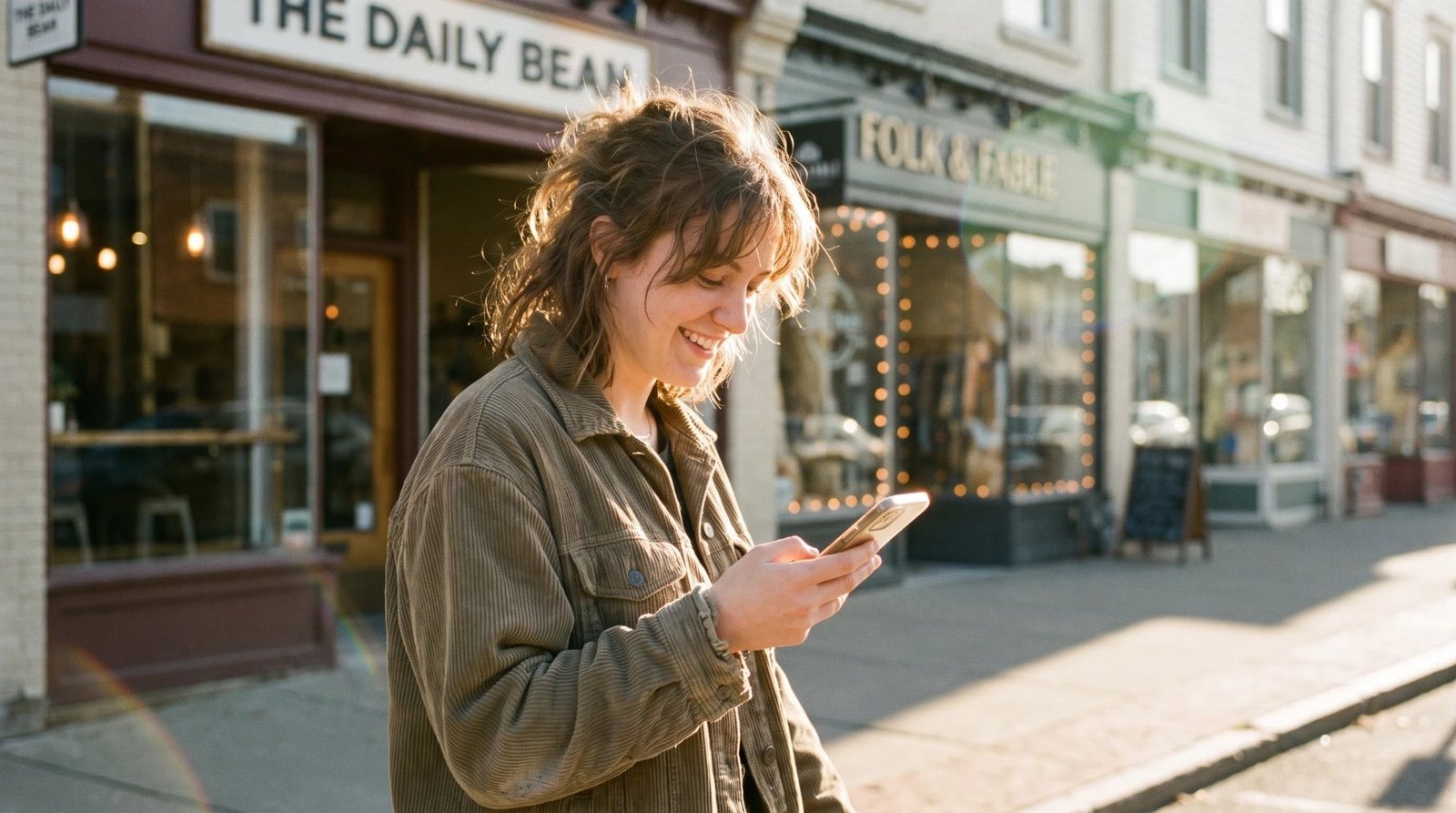 A young woman smiling at her phone on a sunny main street lined with small independent shops